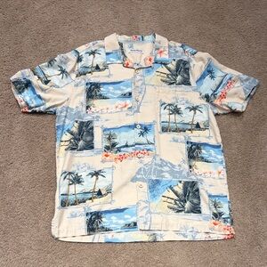 Tommy Bahama Cream and Blue Tropical Print Camp Shirt mens size large